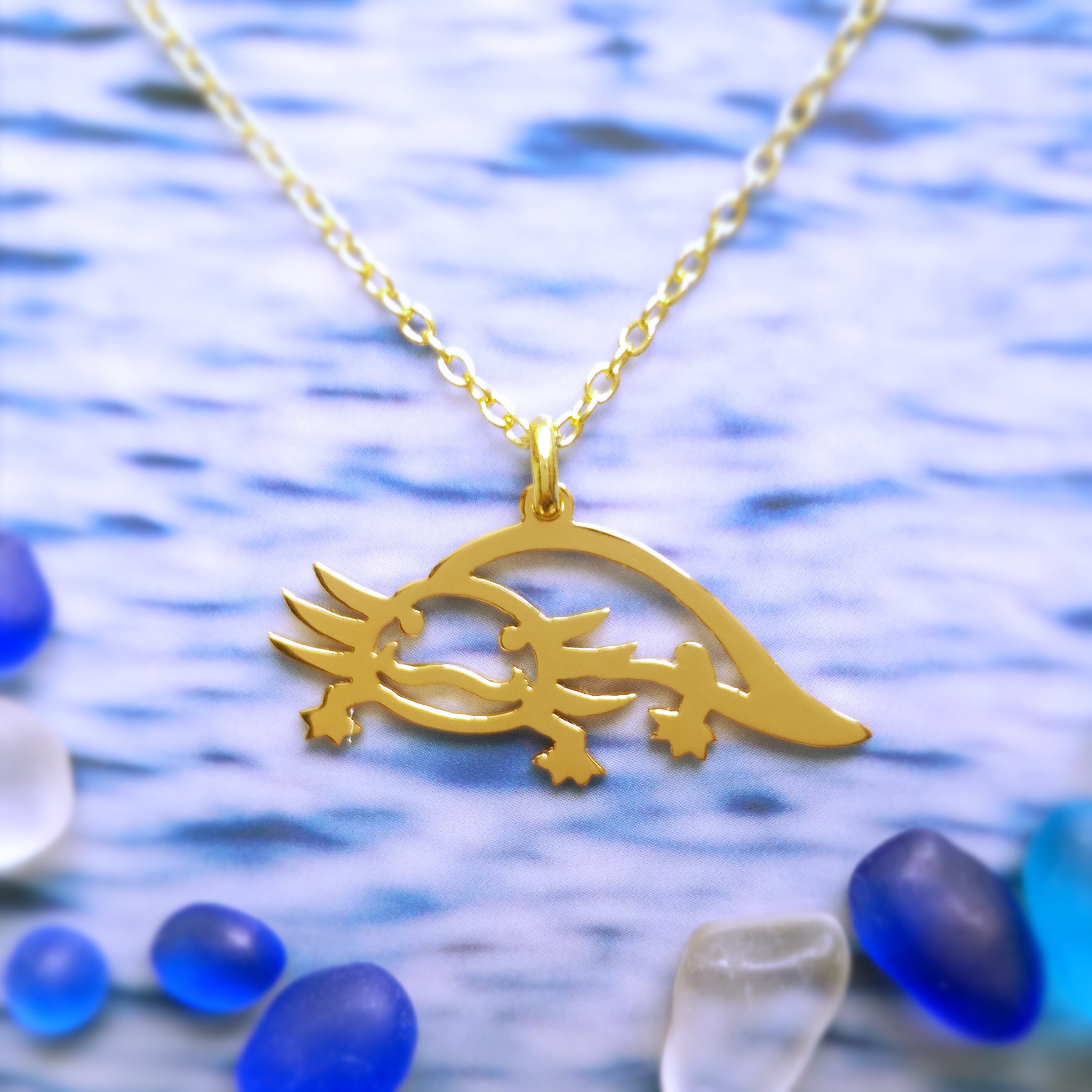 Gold-Plated Axolotl Pendant Necklace: Handmade Mexican Salamander Jewelry