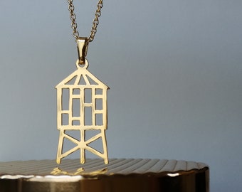 Water tower gold pendant, New York symbol charm necklace,  NYC iconic motif jewelry