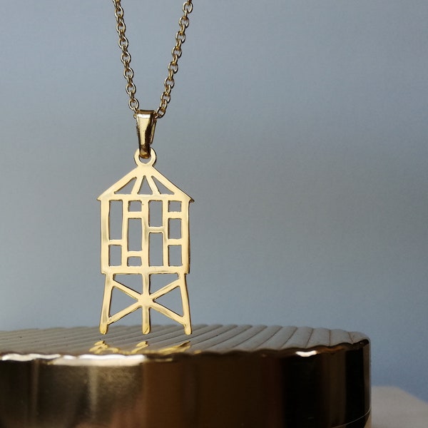 Water tower gold pendant, New York symbol charm necklace,  NYC iconic motif jewelry