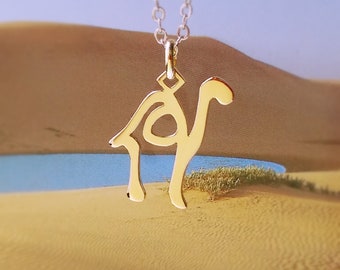 Arabic for CAMEL necklace, hump day accessory, desert animal unique charm pendant, Arabic letter word picture jewelry