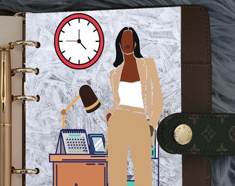May include: A digital planner page with a drawing of a woman in a beige suit standing in an office setting. The woman has long black hair and is wearing a white shirt. The office has a desk with a calendar, a lamp, and a plant. There is a clock on the wall and the text "HEY, SAMA" on the plant pot.