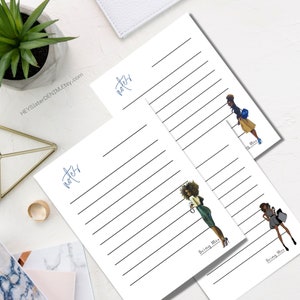 May include: Three lined notepads with black lines and the word "notes" written in blue ink. Each notepad features a different illustration of a Black woman with the text "Being Me" at the bottom.