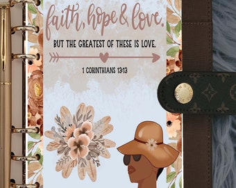 May include: A blue and white planner page with a floral border. The page features a quote from 1 Corinthians 13:13, "And now these three remain: faith, hope & love. But the greatest of these is love."