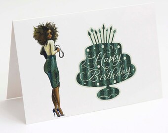 Happy Birthday African American Greeting Card with Envelope Green  | Blank Inside