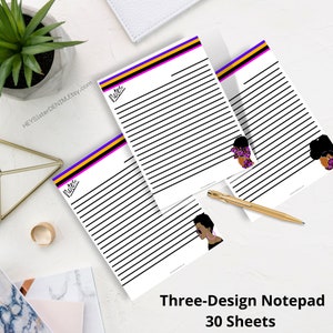 Vibrant Queen Three-Design 30-Page Tear-off Notepad | African American Art | Letter Size Stationery | 8.5 x 11 | Half Letter | 5.5 x 8.5