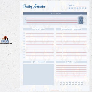 May include: A blue and white daily agenda planner with a section for top priorities, gotta get done, appointments, notes, emails, and calls. The planner has a blue and white patterned mug in the top right corner.