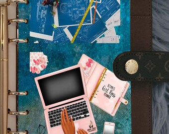 May include: A pink and blue planner with the text "Ultimate Girl Boss Planner" on the cover. The planner is open to a page with a laptop, a phone, and a pair of glasses. The laptop has a pink keyboard and a pink mouse. The phone is black and has a white screen. The glasses are black and have a pink frame.