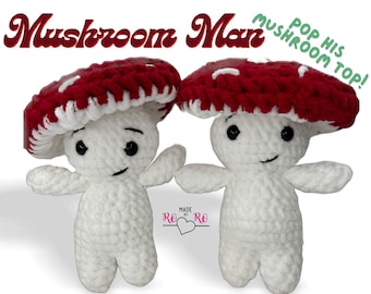 Mushroom man, crochet mushroom man, poppable top, crochet mushroom, gift