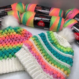 Tik Tok Beanie. Retro stripe beanie. Lisa Frank inspired. Neon hat. Pom Pom beanie. Winter hat. Winter beanie. Rainbow hat.