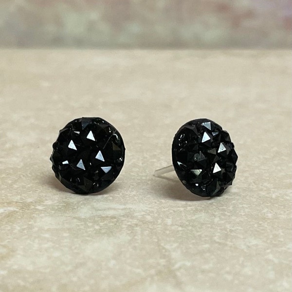 Black Sparkly Plastic Post Stud Earrings For Women, Hypoallergenic Non Metal Studs For Sensitive Ears