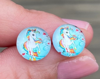 Non Metal Metal-Free Unicorn Earrings, Plastic Post Studs For Sensitive Ears, Hypoallergenic Stud Earrings For Women & Kids by GemInAShell