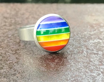 Colorful Statement Ring, Rainbow LGBT Gay Pride Jewelry, Stainless Steel Adjustable band