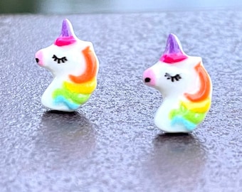 Metal-Free Unicorn Earrings, Non Metal Plastic Post Studs For Sensitive Ears, Hypoallergenic Stud Earrings For Women & Kids by GemInAShell