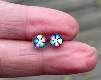 Rainbow Flower, Plastic Post Earrings, Small Studs For Sensitive Ears, Metal Free Hypoallergenic for allergic ear, Great for kids or Adults