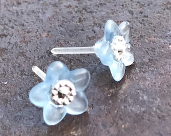 Blue Violet Flower Studs on Plastic Post, Floral Earrings For Sensitive Ears, metal Free Hypoallergenic Stud Earrings, Great for kids