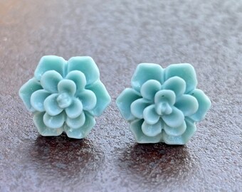 Succulent Stud Earrings: Vintage Blue Resin, Plastic Posts