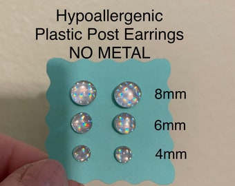 Plastic Post Earrings For Sensitive Ears, 8mm, 6mm, & 4mm, Metal Free Rainbow Holographic, Hypoallergenic Studs for kids or adults