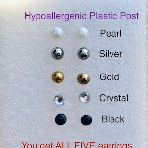 Plastic Post Earrings, 5 Pairs of Earrings for sensitive Ears, Nickel & Metal Free Hypoallergenic Studs gift set, Jewelry for kids or adults