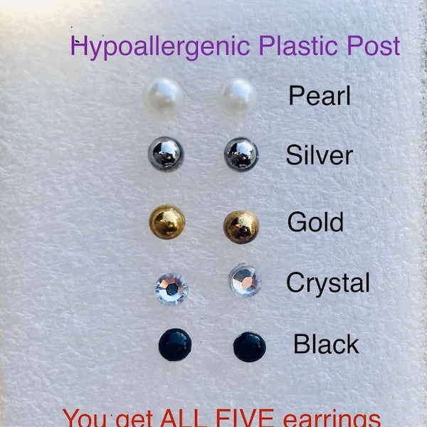 Plastic Post Earrings, 5 Pairs of Earrings for sensitive Ears, Nickel & Metal Free Hypoallergenic Studs gift set, Jewelry for kids or adults