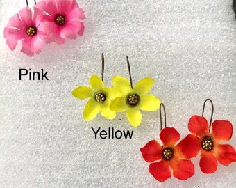 Flower Dangle Earrings, Pink Yellow or Orange Flowers, Boho Floral Drop Earring, Beautiful Spring and Summer Jewelry