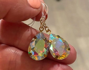 Sparkly Aurora Borealis Crystal Teardrop Earrings, Hypoallergenic Metal Free Plastic Hook For Sensitive Ears, Gift for Women by GemInAShell