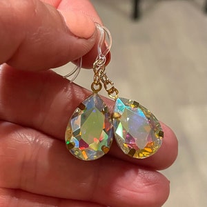 Sparkly Aurora Borealis Crystal Teardrop Earrings, Hypoallergenic Metal Free Plastic Hook For Sensitive Ears, Gift for Women by GemInAShell