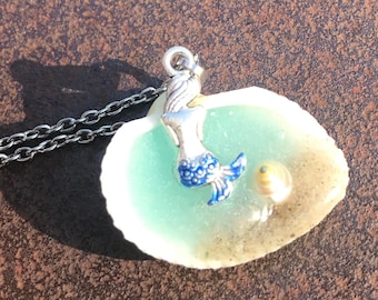 Mermaid Shell Necklace, Glow In The Dark Beach Lover Gift, Mythical Fun Jewelry, Unique Necklaces For Women, Something Blue for Bride,