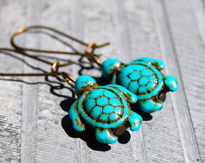 Turtle Earrings, Turquoise Turtle Earrings, Small Dangle Earings, Sea