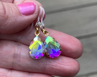 Sparkly AB Crystal Teardrop Earrings, Hypoallergenic Metal Free Plastic Ear Wire Hook For Sensitive Ears, Gift for Women by GemInAShell