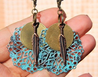 Lightweight Feather Earrings, Turquoise Patina Dangle Earrings, Tribal, Bohemian, Hippie Look, Great Gift For Her