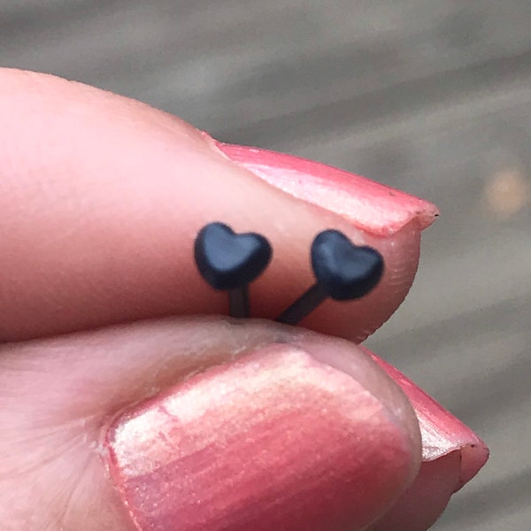 Tiny Plastic Post Earrings, Black Heart Studs for sensitive Ears, Hypoallergenic Metal Free, Best Seller Jewelry for kids or adults