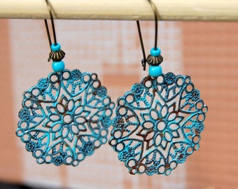 Patina Earrings, Tribal Earrings, Bohemian Earrings, Turquoise Earrings, Dangle Earrings, Boho Jewelry, Ethnic earrings, Hippie Gift for her