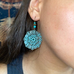Verdigris Earrings, Hand Painted Patina Tribal Earrings, Turquoise Bohemian Earrings, Boho Jewelry, Ethnic earrings, Hippie Gift for her image 1