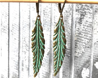 Boho Jewelry, Leaf Dangle Earrings, Unique gift for her Long Vintage Boho Style Green Verdigris Drop Earings handmade Bohemian Hippie earing