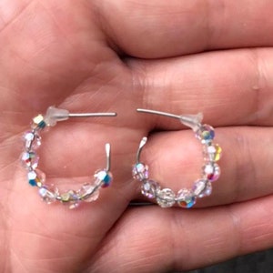 Handmade Titanium Hoop Earrings: Swarovski AB Crystal Beaded, Sensitive Ears