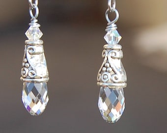 Swarovski Crystal Briolette Earrings: Silver Plated Victorian Dangle