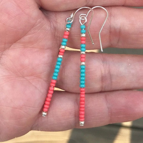 Southwestern Minimalist Earrings, Hypoallergenic for Sensitive ears, Simple Thin Beaded Stick Dangle Earrings, Handmade Jewelry