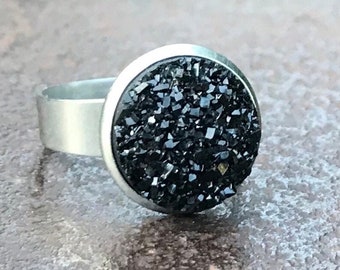 Black Gothic Ring, Druzy Stone Goth Ring, Black Unisex jewelry, Gift for him or Her, Dracula ring, Adjustable Stainless Steel Band