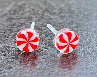 Peppermint Candy Plastic Post Earrings, Small Studs For Sensitive Ears, Metal free & Nickel Free Hypoallergenic, Great for kids or Adults