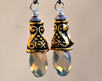 Swarovski Sand Opal Earrings, Gold Boho Dangle earings, hypoallergenic for sensitive ears, Gift for her, Mothers day gift, Handmade Jewelry