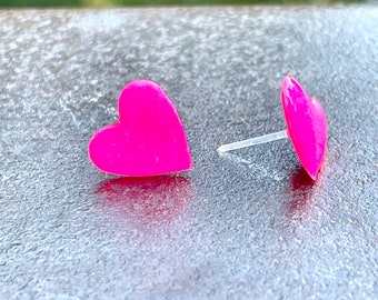 Metal-Free Studs For Women, Pink Heart studs, Hypoallergenic Plastic Ear Wire For Sensitive Ears, Great for kids or Adults, Stocking Stuffer