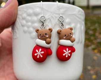 Metal free Hypoallergenic Earrings, Teddy Bear in mittens, Non Metal Clear Plastic Hooks For Sensitive Ears, Holiday Earrings, Gift for her