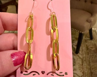 Gold Chain Dangle Earrings on Metal Free Clear Plastic Hook For Sensitive Ears