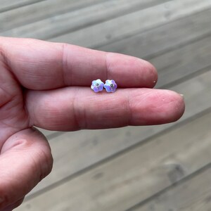 Pu&ograve; includere: Un paio di orecchini a perno a forma di fiore iridescente con un piccolo strass trasparente al centro di ogni fiore.