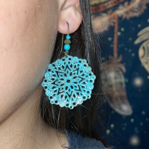 Verdigris Earrings, Hand Painted Patina Tribal Earrings, Turquoise Bohemian Earrings, Boho Jewelry, Ethnic earrings, Hippie Gift for her image 2