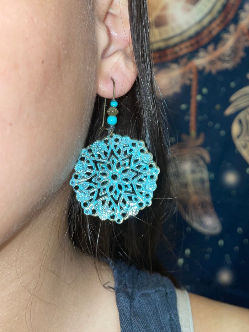 Verdigris Earrings, Hand Painted Patina Tribal Earrings, Turquoise Bohemian Earrings, Boho Jewelry, Ethnic earrings, Hippie Gift for her image 2