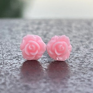 Small Pink Rose Flower Studs on Plastic Posts For Sensitive Ears, Metal Free Hypoallergenic Stud earrings, for kids or Adults
