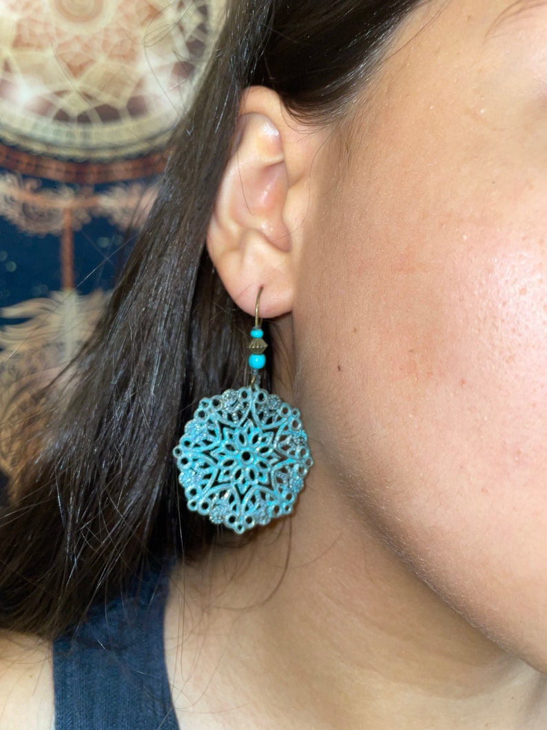 Verdigris Earrings, Hand Painted Patina Tribal Earrings, Turquoise Bohemian Earrings, Boho Jewelry, Ethnic earrings, Hippie Gift for her image 1