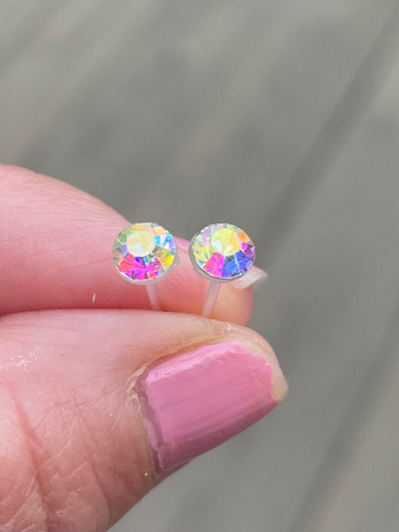 Tiny Rhinestones Studs Hypoallergenic Earrings for Sensitive Ears Made with Plastic Posts Light Pink