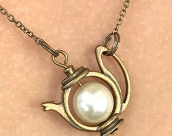 Pearl Teapot Necklace, Tea Pot Pendant, Alice in Wonderland, whimsical Jewelry, Boho jewelry, Gift Ideas for Mom, Tea Lover gifts